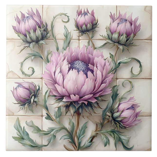 Carreau Pink Thistle Flowers Ceramic Tile (Devant)