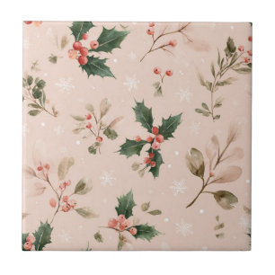 Carreau Pink Winter - Feuilles de houx et flocons de neige