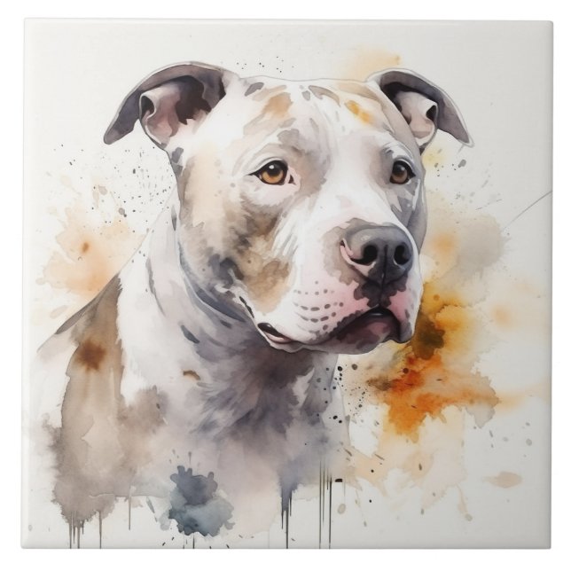 Carreau Pitbull Terrier Aquarelle Chien Art (Devant)