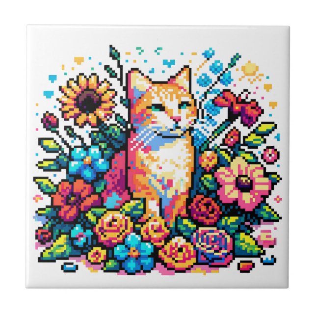 Carreau Pixel Art | Cat assis en fleurs (Devant)