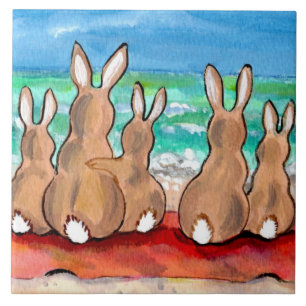 Carreau Plage Bunnies Famille sur Blanche 6" Tile Trivet