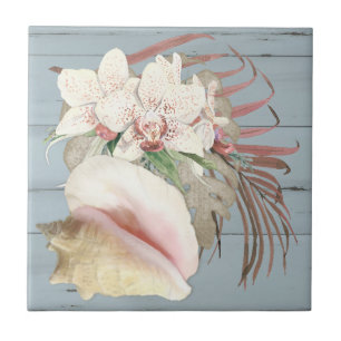 Carreau Plage Orchidée Floral Conch Seashell Dusty Blue W