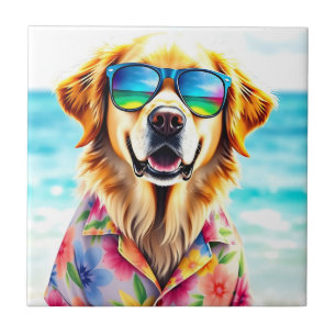 Carreau Plage prêt Golden Retriever en aquarelle été