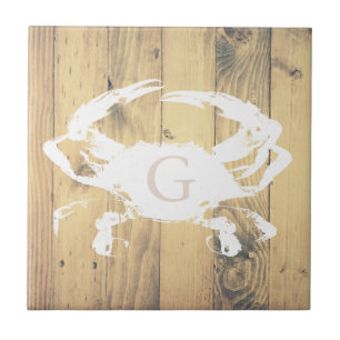 Carreau Planche de bois rustique côtier Crabe blanc   Mono