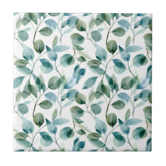 Carreau Plantes d'eucalyptus à l'aquarelle bleue et verte