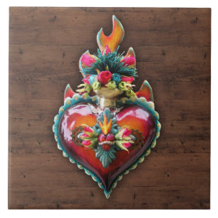 Carreau Plaque flamboyante sacrée fleurie de mur de coeur