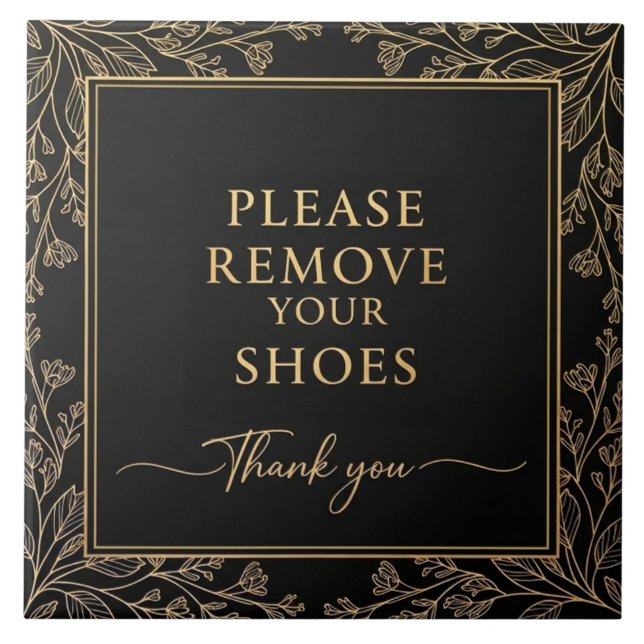 Carreau Please Remove Your Shoes Sign black gold botanical (Devant)