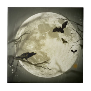 Carreau Pleine lune avec chauves-souris et corbeau