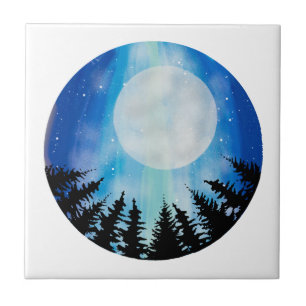 Carreau Pleine lune de nuit Whimsical Forêt Sky Blue Circl