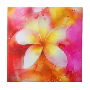 Carreau Plumeria hawaïenne dans Neon rose, jaune et blanc