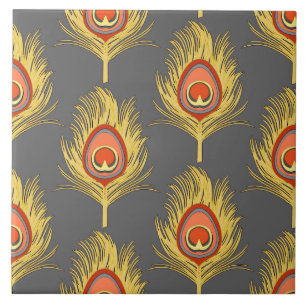 Carreau Plumes de paon, jaune moutarde sur gris / gris