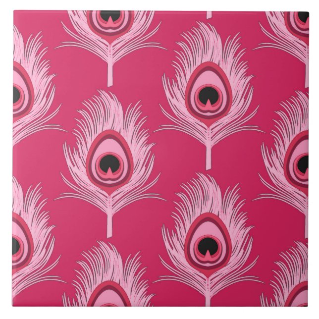 Carreau Plumes de paon, rose pastel sur rose Fuchsia (Devant)