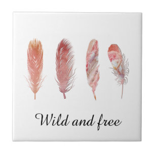 Carreau Plumes en rose et corail sur blanc sauvage et libr