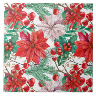 Carreau Poinsettia, Pine Boughs et Red Berries
