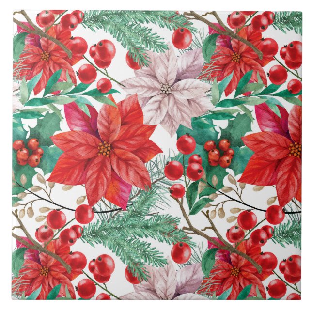 Carreau Poinsettia, Pine Boughs et Red Berries (Devant)