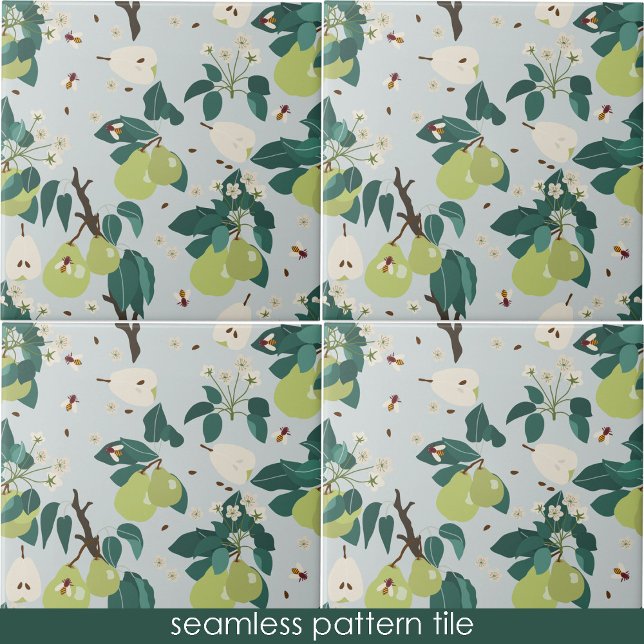 Carreau Poires et abeilles dans une cuisine de jardin bota (Pears & Bees in a Botanical Floral Garden Kitchen Ceramic Tile)