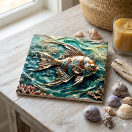 Carreau Poisson-ange métallique Décor de la vie marine