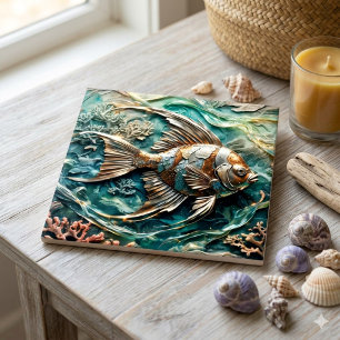 Carreau Poisson-ange métallique Décor de la vie marine
