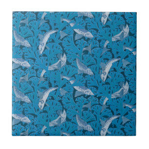 Carreau Poisson Nage d'algues Coral Bleu Vintage Classique
