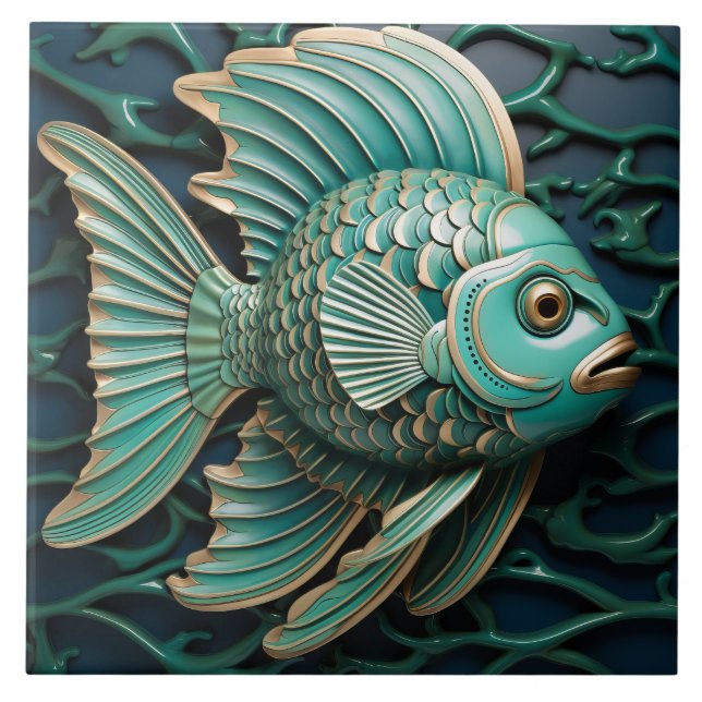 Carreau Poisson Turquoise Vert et cuivre Marine Vie aquati (Devant)