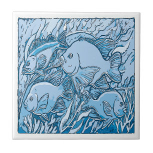 Carreau Poissons et algue bleus, regard bleu de Delft de