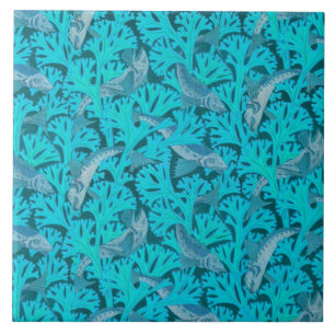 Carreau POISSONS ET ALGUES EN AQUA BLEU Art Nouveau Motif