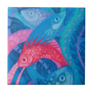 Carreau Poissons Roses Algues Mer Animaux Sous-marins Art