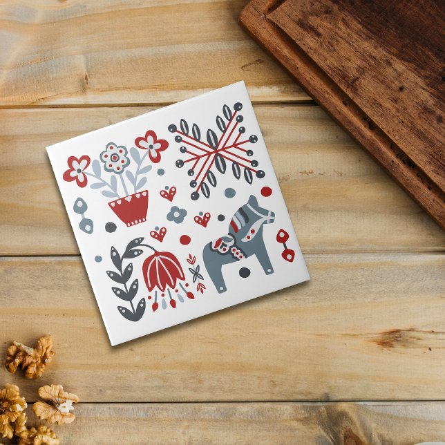 Carreau Pony nordique et motif floral en gris et rouge (Créateur téléchargé)