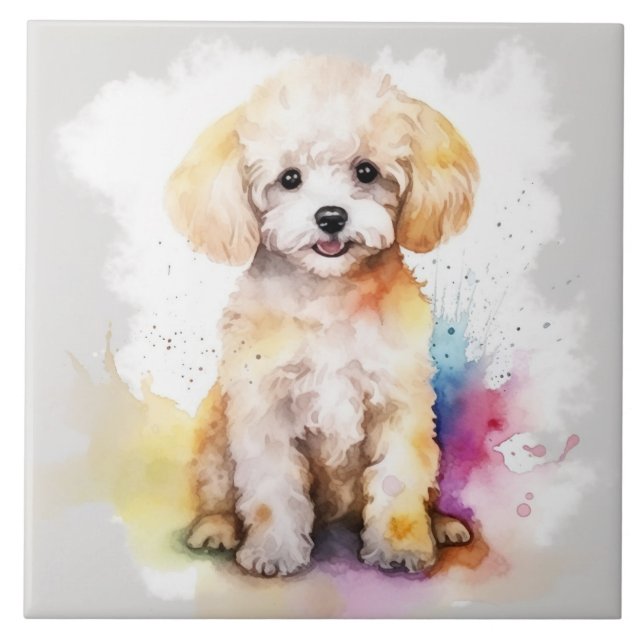 Carreau Poodle de jouet blanc Aquarelle Chiot (Devant)