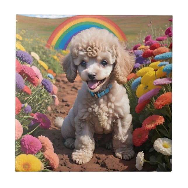 Carreau Poodle mignon Fleur colorée et arc-en-ciel (Devant)