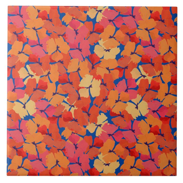 Carreau Poppies rose orange jaune motif floral sur bleu (Devant)
