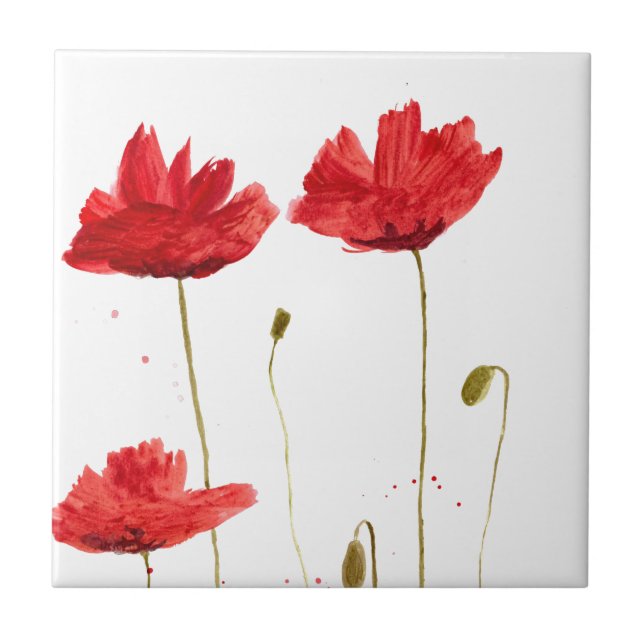 Carreau Poppies rouge pavot fleurs d'aquarelle rustique (Devant)