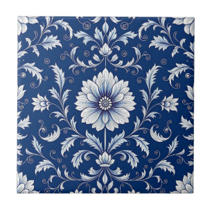 Carreau Porcelaine Motif Floral Bleu Marine