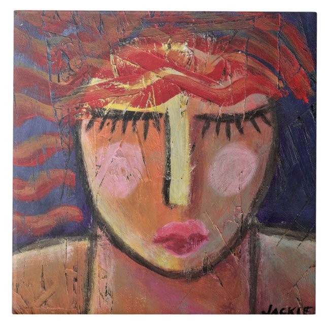 Carreau Portrait Abstrait de cheveux rouges d'une femme su (Devant)