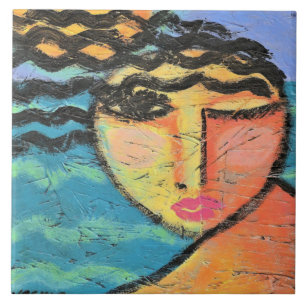 Carreau Portrait Abstrait de plage d'une femme sur le tabl