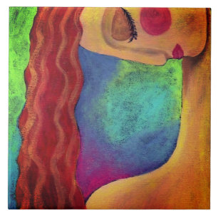 Carreau Portrait Abstrait d'une Femme aux Cheveux Rouges O