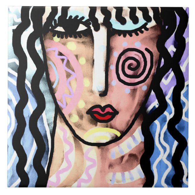 Carreau Portrait Abstrait funky d'une femme (Devant)