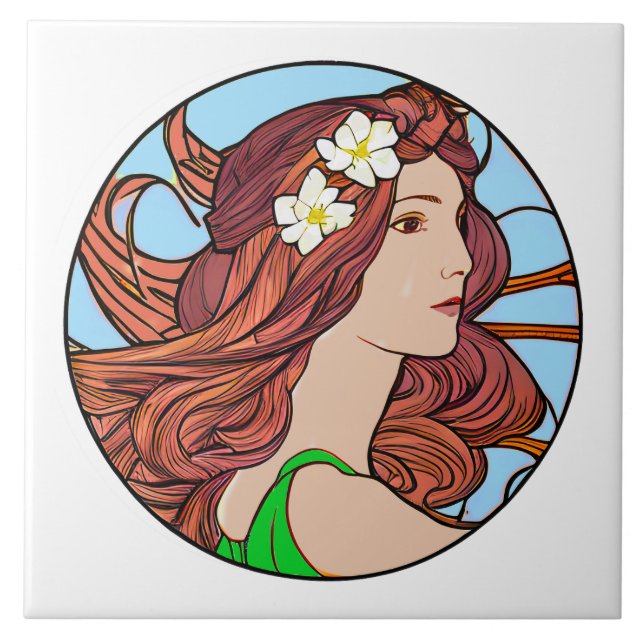 Carreau Portrait Art Nouveau d'une femme aux cheveux rouge (Devant)