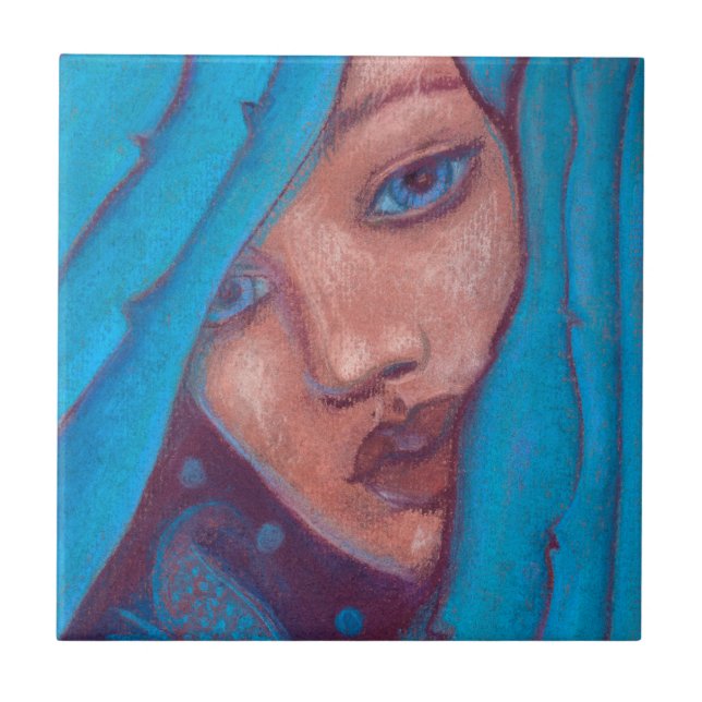 Carreau Portrait de sirène de cheveux bleu Imaginaire pein (Devant)