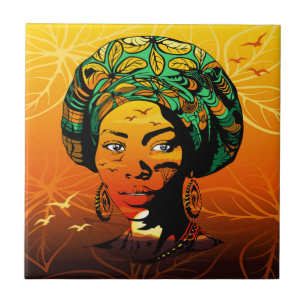 Carreau Portrait féminin africain avec coucher de soleil