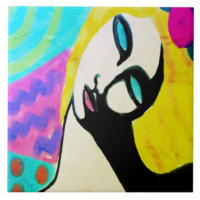 Carreau Portrait numérique Abstrait coloré d'une femme (Devant)