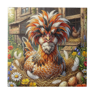Carreau Poulailler de poule polonaise orange et blanc fant