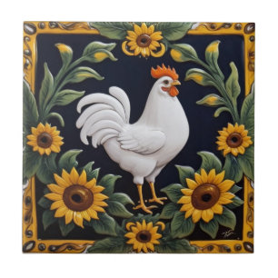 Carreau Poulet Tournesol - Poule Blanche & Tournesols Jaun
