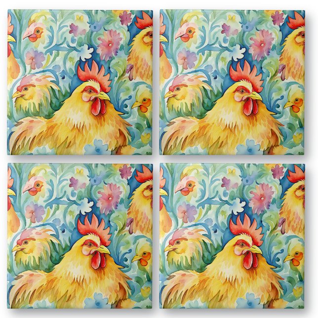 Carreau Poulets à l'aquarelle mignonne (Créateur téléchargé)
