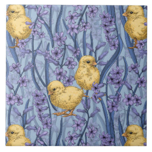 Carreau Poulets et hyacinthes bleu ciel
