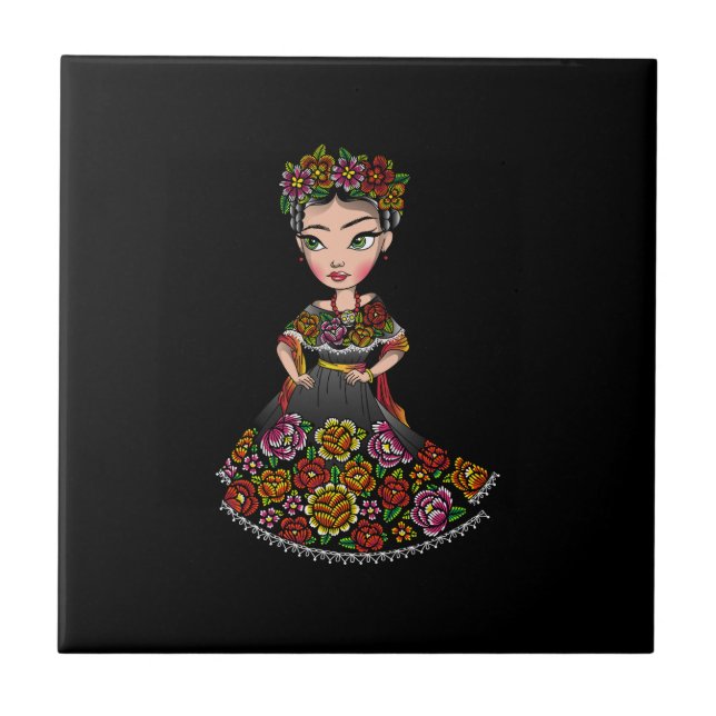 Carreau poupée mexicaine avec fleurs (Devant)