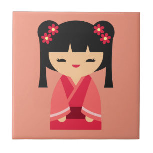 Carreau Poupées japonaises de Kokeshi rose
