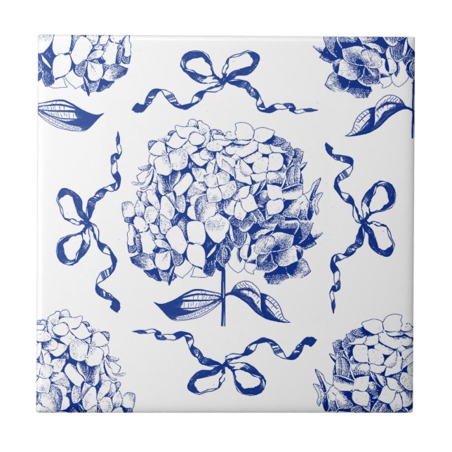 Carreau Preppy Blue Toile Hydrangea Bow Motif sans couture (Devant)