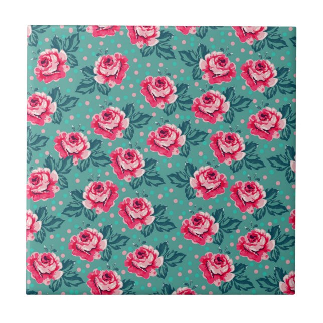 Carreau Pretty Pink Roses and Polka Dot Pattern on Teal (Devant)