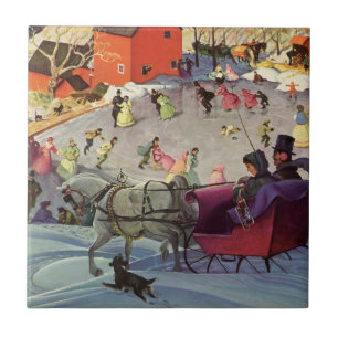 Carreau Promenade en traîneau de Noël vintage, Amour et Ro
